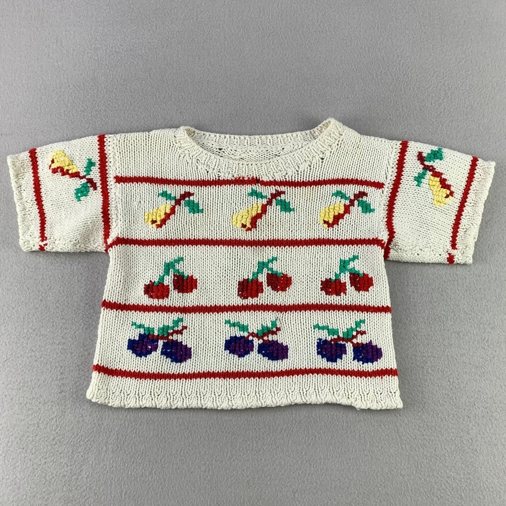 Vintage Knit Sweater Shirt Girls Medium Short Sleeve Cherry Pear Plum Cotton